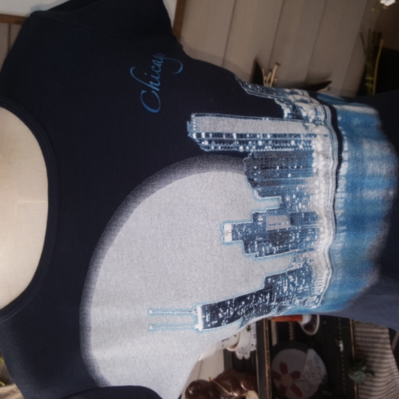 ON TREND ♡ Super-Sweet Vintage Navy Shimmering Chicago Water Front Scene Shirt M - Picture 4 of 10